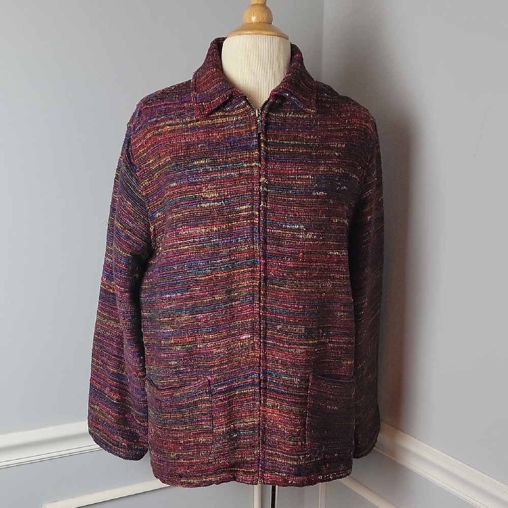 CHICO'S DESIGN‎ Multi-Color Stitched Stripes Silk Blend Bohemian Full Zip Jacket